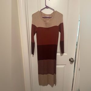 Brown Colorblock Midi Knit Dress
